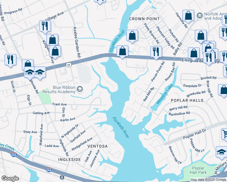 map of restaurants, bars, coffee shops, grocery stores, and more near 901 Anna Street in Norfolk