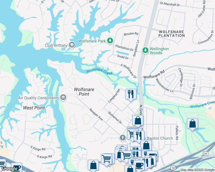 map of restaurants, bars, coffee shops, grocery stores, and more near 2512 Torrey Place in Virginia Beach