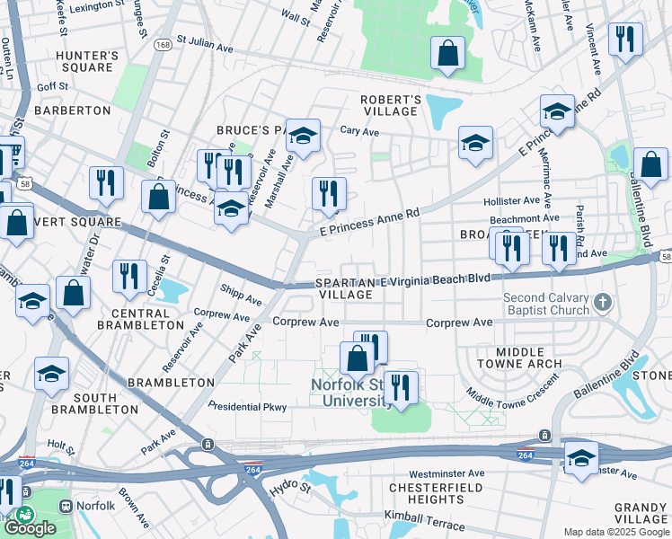 map of restaurants, bars, coffee shops, grocery stores, and more near 1011 Dubose Drive in Norfolk