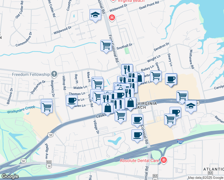 map of restaurants, bars, coffee shops, grocery stores, and more near 1888 Chantilly Court in Virginia Beach