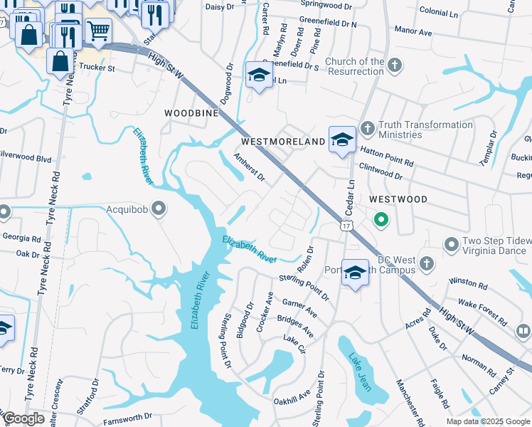 map of restaurants, bars, coffee shops, grocery stores, and more near 5136 Castle Way in Portsmouth