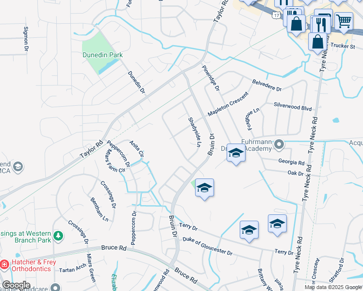 map of restaurants, bars, coffee shops, grocery stores, and more near 3229 Morningside Drive in Chesapeake