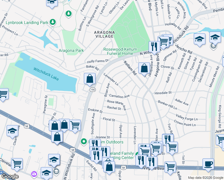 map of restaurants, bars, coffee shops, grocery stores, and more near 4936 Carnation Avenue in Virginia Beach