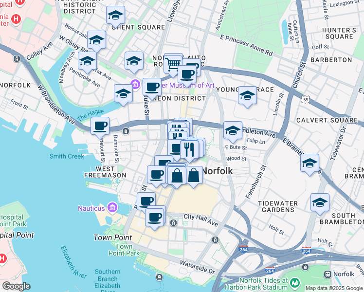 map of restaurants, bars, coffee shops, grocery stores, and more near 500 Granby Street in Norfolk