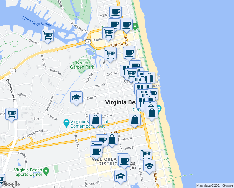 map of restaurants, bars, coffee shops, grocery stores, and more near 412 25th Street in Virginia Beach