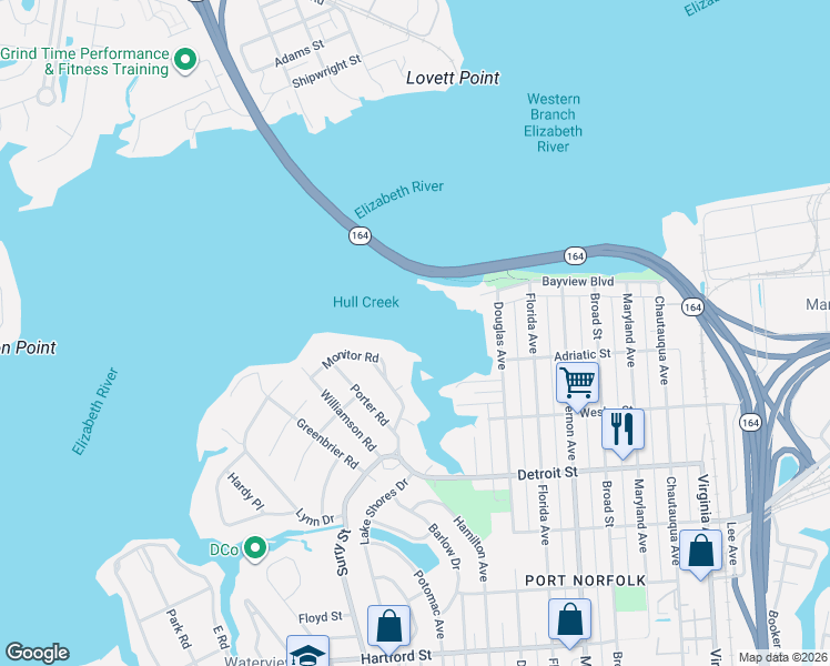 map of restaurants, bars, coffee shops, grocery stores, and more near 3761 Mississippi Avenue in Portsmouth