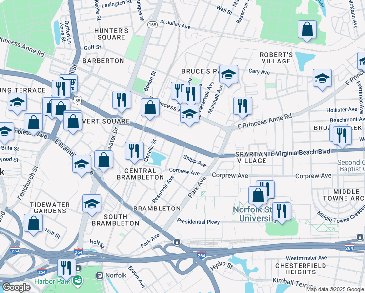 map of restaurants, bars, coffee shops, grocery stores, and more near 975 Reservoir Avenue in Norfolk