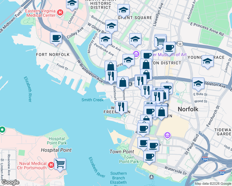 map of restaurants, bars, coffee shops, grocery stores, and more near 410 Botetourt Street in Norfolk