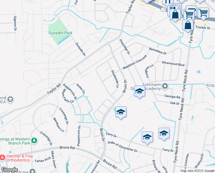 map of restaurants, bars, coffee shops, grocery stores, and more near 3229 Morningside Drive in Chesapeake