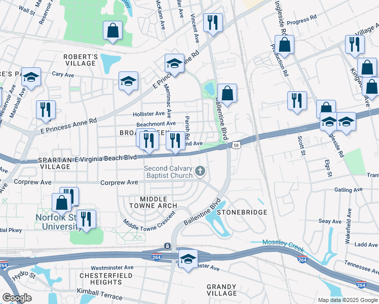 map of restaurants, bars, coffee shops, grocery stores, and more near 2932 East Virginia Beach Boulevard in Norfolk