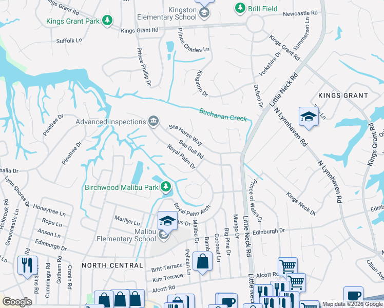 map of restaurants, bars, coffee shops, grocery stores, and more near 540 Royal Palm Drive in Virginia Beach