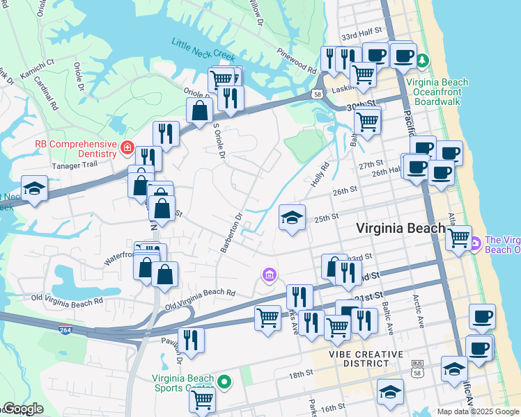map of restaurants, bars, coffee shops, grocery stores, and more near 137 Seawatch Cove in Virginia Beach