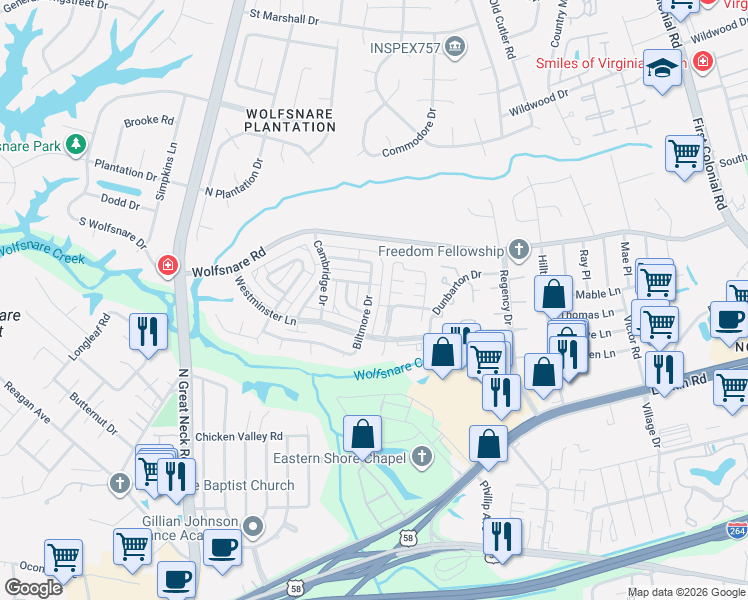 map of restaurants, bars, coffee shops, grocery stores, and more near 2144 Carnaby Drive in Virginia Beach
