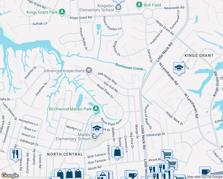 map of restaurants, bars, coffee shops, grocery stores, and more near 540 Royal Palm Drive in Virginia Beach