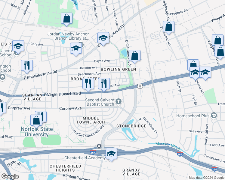 map of restaurants, bars, coffee shops, grocery stores, and more near 983 Godfrey Avenue in Norfolk
