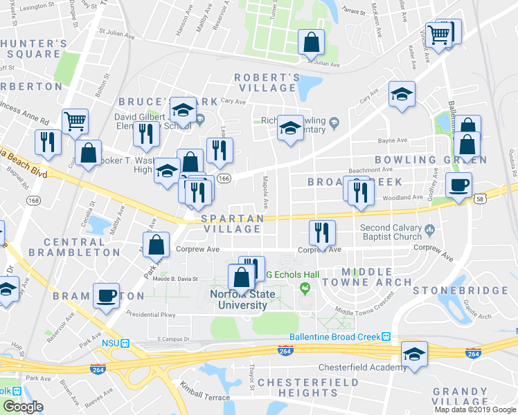 map of restaurants, bars, coffee shops, grocery stores, and more near 2423 East Virginia Beach Boulevard in Norfolk