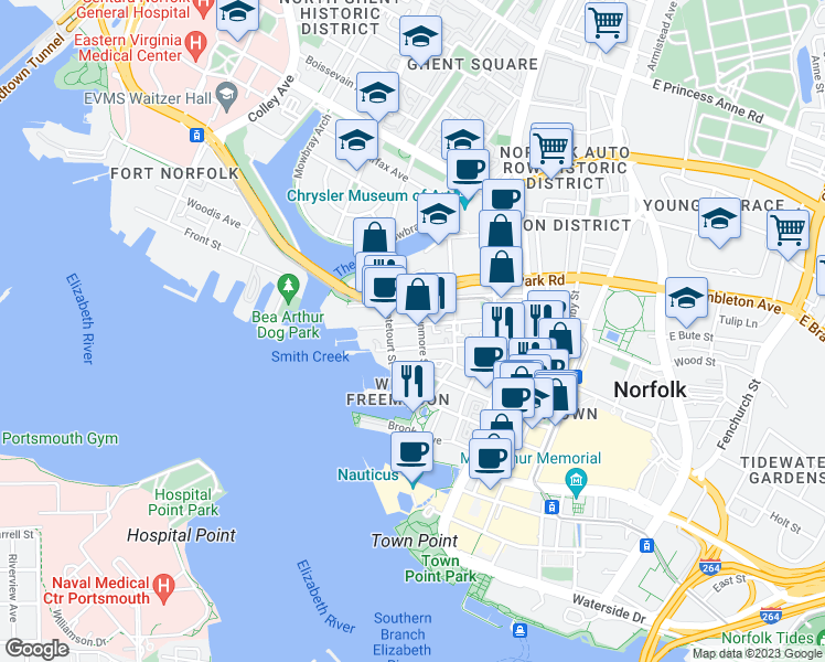 map of restaurants, bars, coffee shops, grocery stores, and more near 327 West Freemason Street in Norfolk