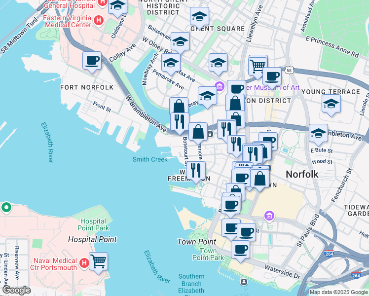 map of restaurants, bars, coffee shops, grocery stores, and more near 400 West Freemason Street in Norfolk