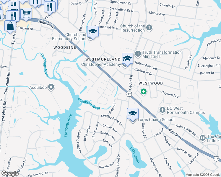 map of restaurants, bars, coffee shops, grocery stores, and more near 3075 Reese Drive in Portsmouth