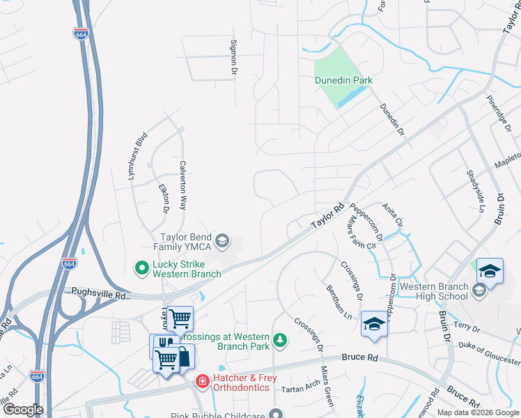 map of restaurants, bars, coffee shops, grocery stores, and more near 3305 Pampus Lane in Chesapeake