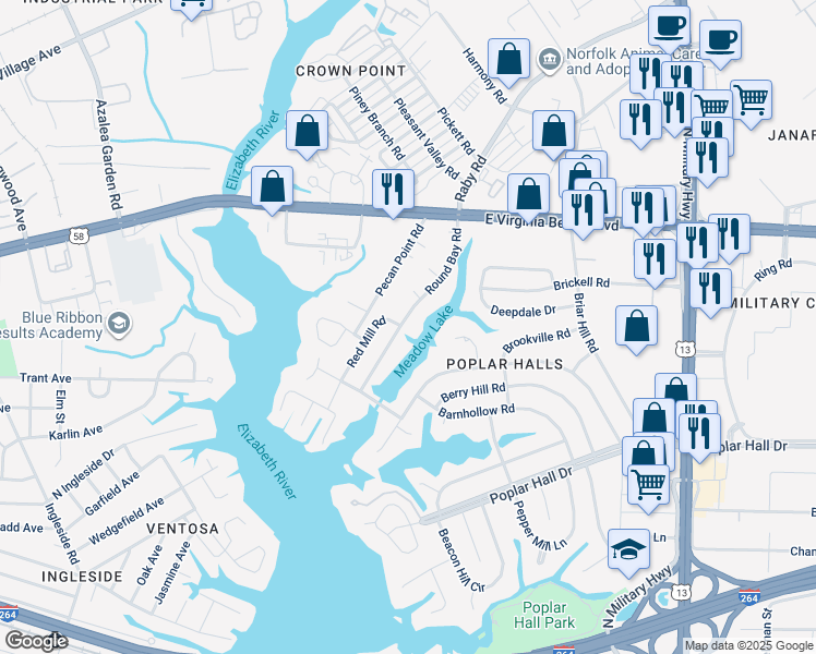 map of restaurants, bars, coffee shops, grocery stores, and more near 800 Round Bay Road in Norfolk