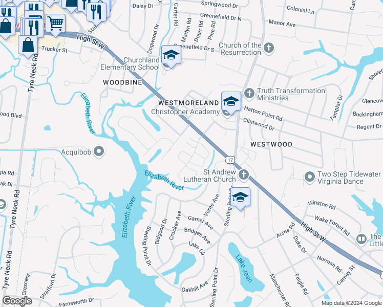 map of restaurants, bars, coffee shops, grocery stores, and more near 5100 Castle Way in Portsmouth