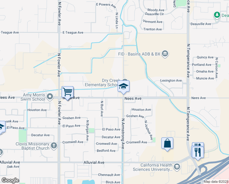 map of restaurants, bars, coffee shops, grocery stores, and more near 2116 Nees Avenue in Clovis