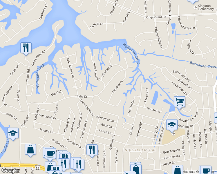 map of restaurants, bars, coffee shops, grocery stores, and more near 3865 Thalia Drive in Virginia Beach
