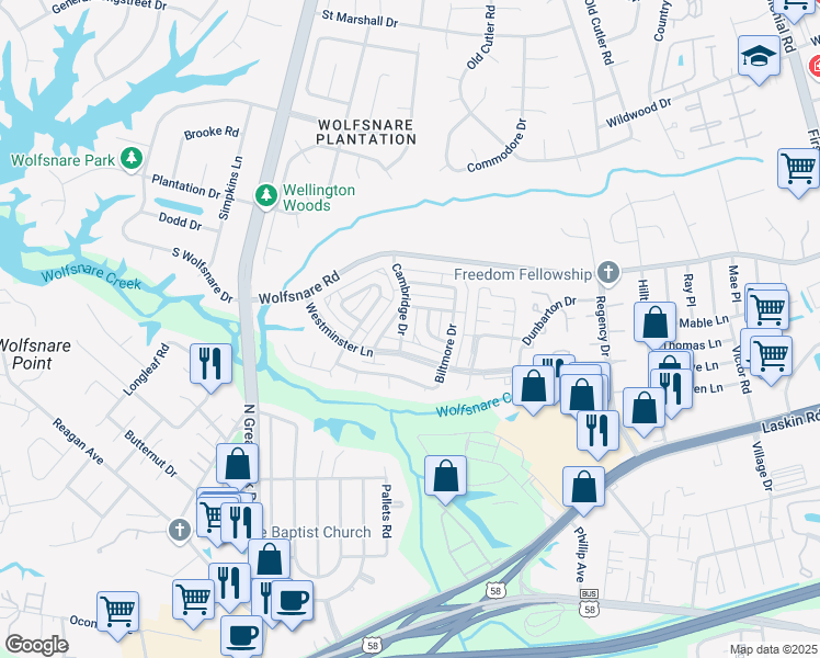 map of restaurants, bars, coffee shops, grocery stores, and more near 770 Westminster Lane in Virginia Beach