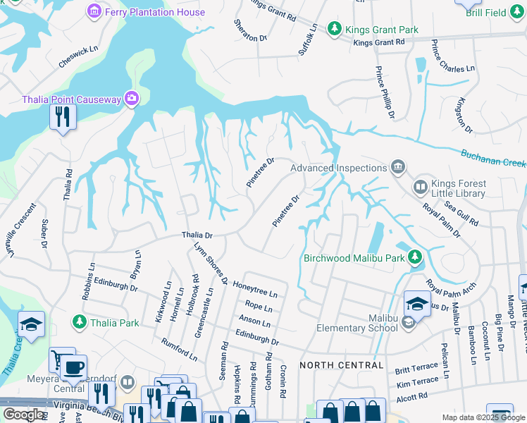 map of restaurants, bars, coffee shops, grocery stores, and more near 3865 Thalia Drive in Virginia Beach