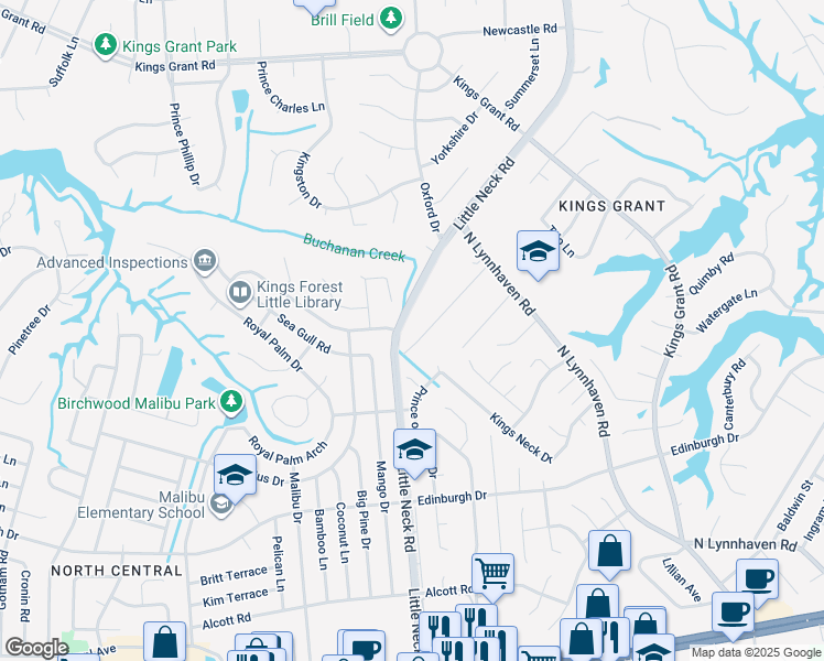 map of restaurants, bars, coffee shops, grocery stores, and more near 609 Johnson Street in Virginia Beach