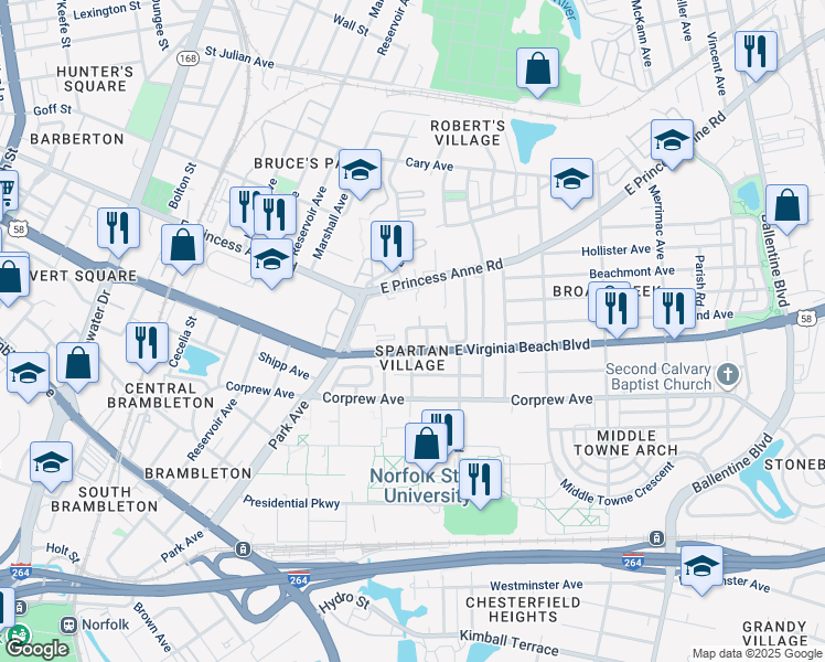 map of restaurants, bars, coffee shops, grocery stores, and more near 1014 Dubose Drive in Norfolk