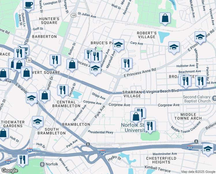 map of restaurants, bars, coffee shops, grocery stores, and more near 1111 Park Avenue in Norfolk