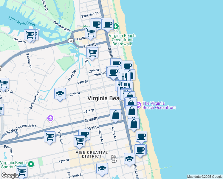 map of restaurants, bars, coffee shops, grocery stores, and more near 2412 Pacific Avenue in Virginia Beach