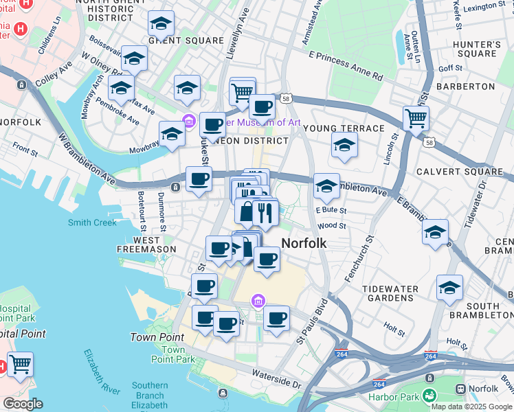 map of restaurants, bars, coffee shops, grocery stores, and more near 500 Granby Street in Norfolk