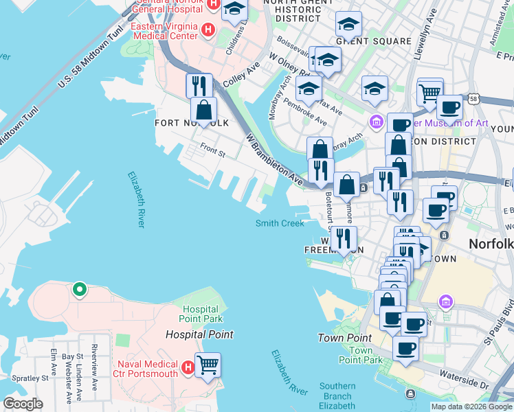 map of restaurants, bars, coffee shops, grocery stores, and more near 40 Rader Street in Norfolk