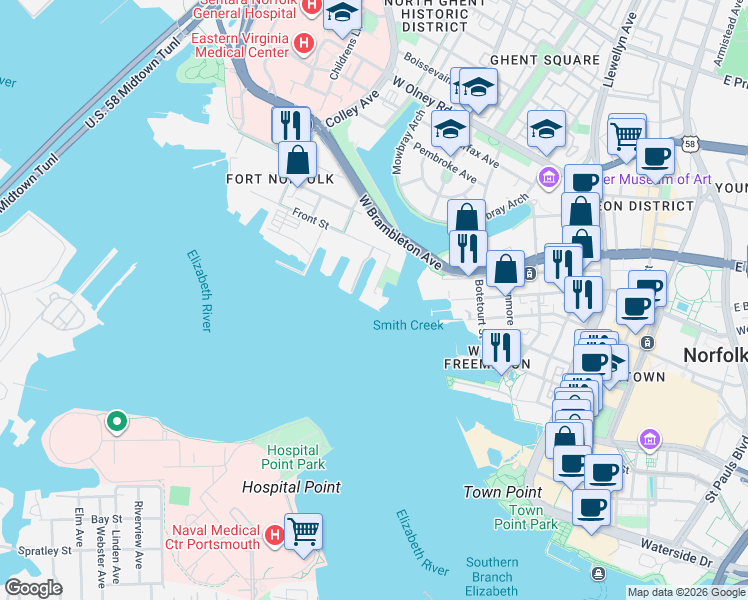 map of restaurants, bars, coffee shops, grocery stores, and more near 40 Rader Street in Norfolk