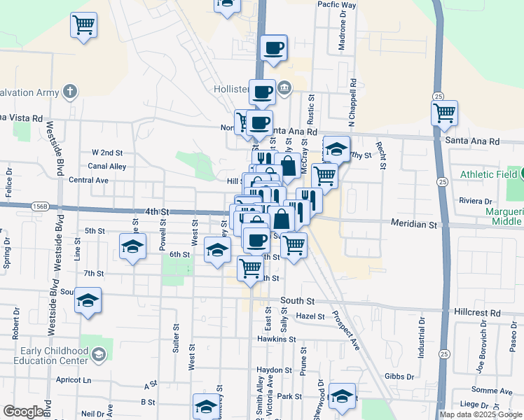 map of restaurants, bars, coffee shops, grocery stores, and more near 220 4th Street in Hollister