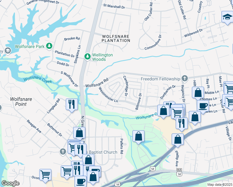 map of restaurants, bars, coffee shops, grocery stores, and more near 849 Westminster Lane in Virginia Beach