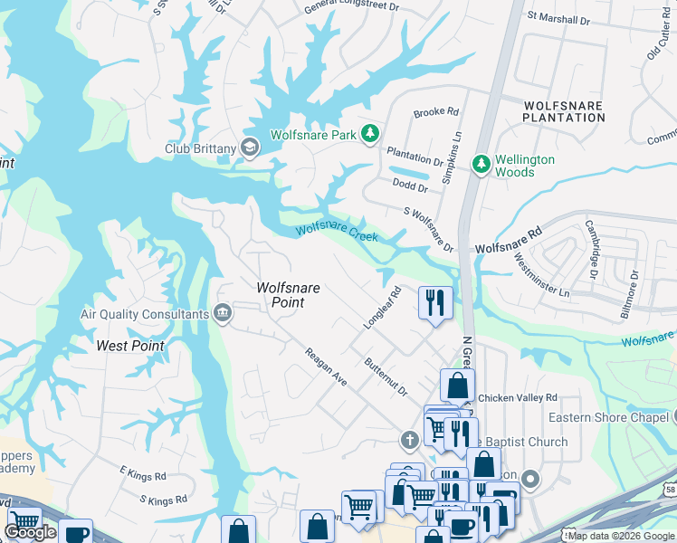 map of restaurants, bars, coffee shops, grocery stores, and more near 2528 Peritan Road in Virginia Beach