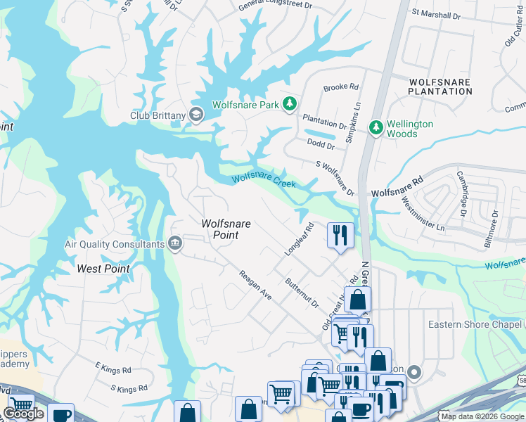 map of restaurants, bars, coffee shops, grocery stores, and more near 2528 Peritan Road in Virginia Beach