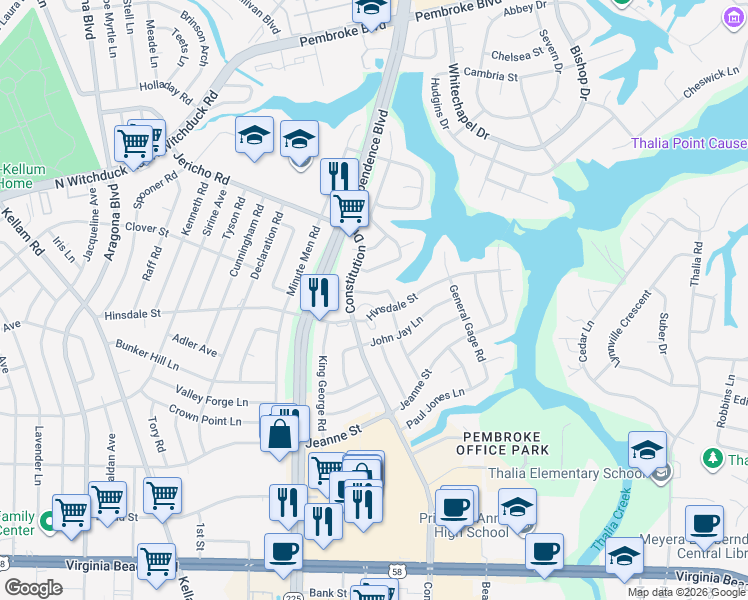 map of restaurants, bars, coffee shops, grocery stores, and more near 509 Jonathan Court in Virginia Beach