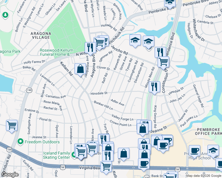 map of restaurants, bars, coffee shops, grocery stores, and more near 4725 Hinsdale Street in Virginia Beach