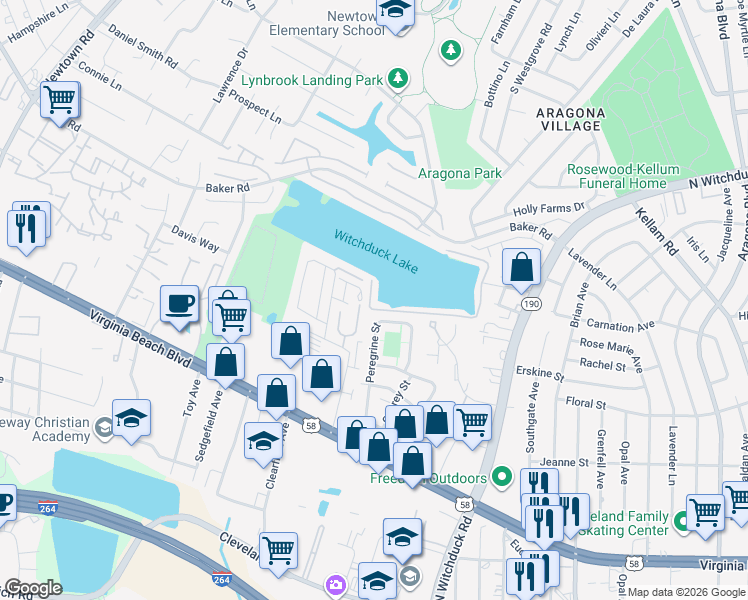 map of restaurants, bars, coffee shops, grocery stores, and more near 466 Peregrine Street in Virginia Beach