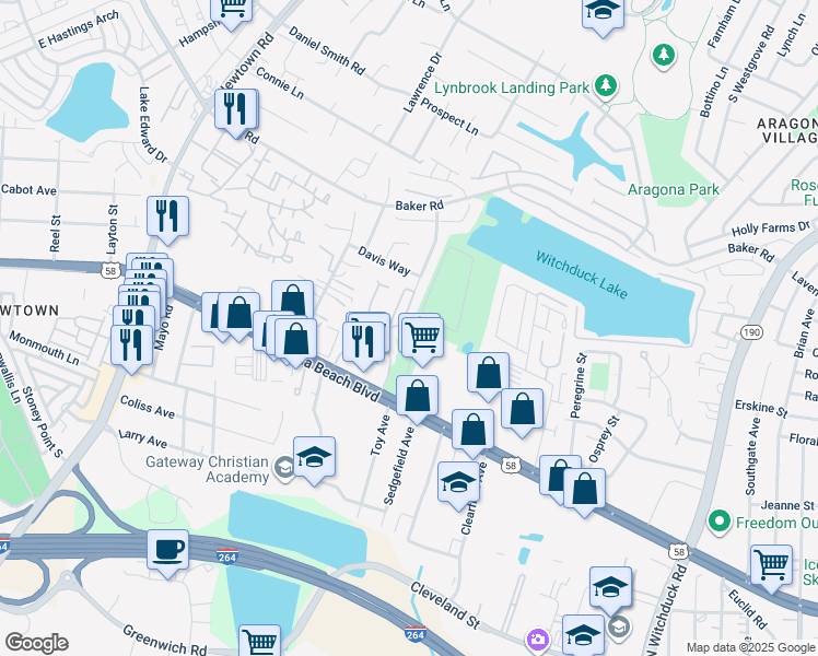 map of restaurants, bars, coffee shops, grocery stores, and more near 5400 Virginia Beach Boulevard in Virginia Beach