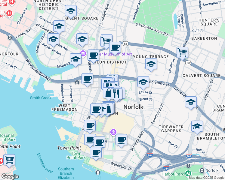 map of restaurants, bars, coffee shops, grocery stores, and more near 500 Granby Street in Norfolk