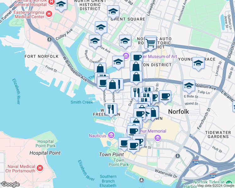 map of restaurants, bars, coffee shops, grocery stores, and more near 327 West Freemason Street in Norfolk