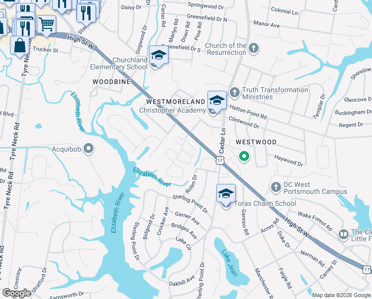 map of restaurants, bars, coffee shops, grocery stores, and more near 3075 Reese Drive in Portsmouth