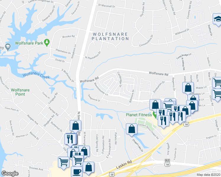map of restaurants, bars, coffee shops, grocery stores, and more near 2243 Sedgewick Drive in Virginia Beach
