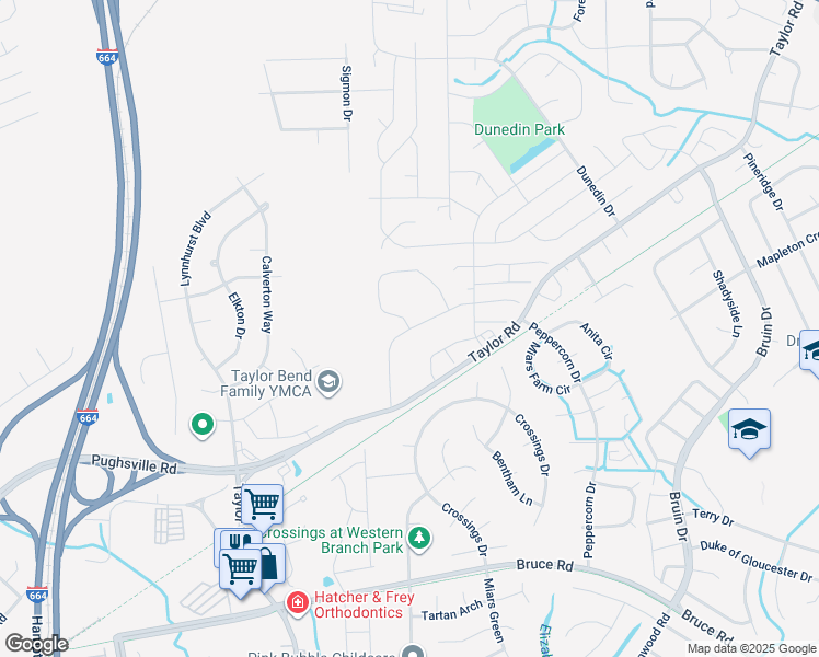 map of restaurants, bars, coffee shops, grocery stores, and more near 3442 Clover Road in Chesapeake